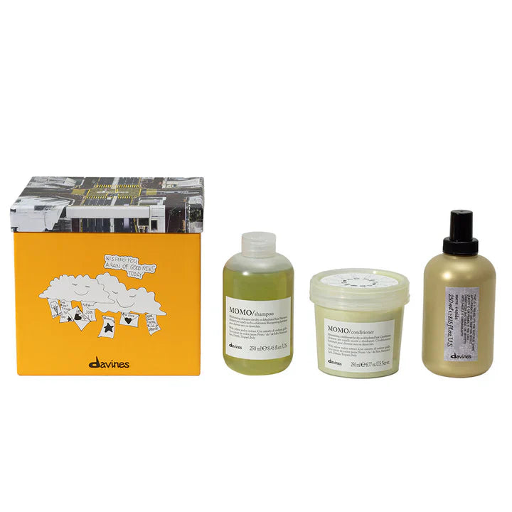 Davines Momo More Inside Gift Set with Momo Shampoo, Conditioner, and Blow Dry Primer for hydrating and protecting dry hair.