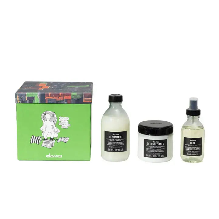 Davines OI Traditional Gift Set with shampoo, conditioner, and oil for soft, shiny hair