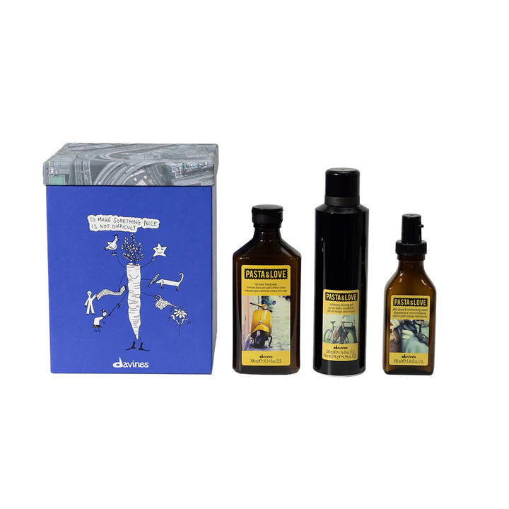 Pasta Love Gift Set by Davines featuring Hair & Body Wash, Softening Shaving Gel, and After Shave Cream in elegant packaging.