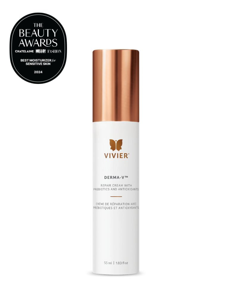 Vivier DERMA-V cream bottle with award badge for Best Moisturizer for Sensitive Skin 2024, lightweight skin barrier repair and protection.