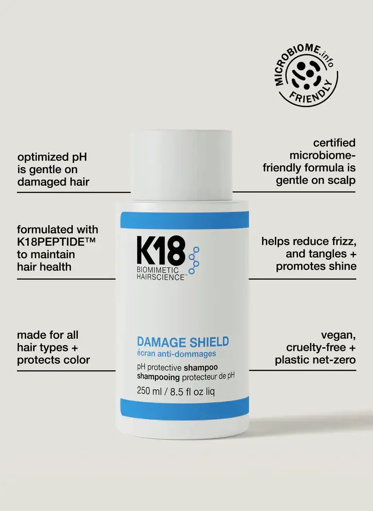 Damage Shield pH Protective Shampoo with K18PEPTIDE, 250ml bottle, pH-optimized, frizz control, color-safe, microbiome friendly.