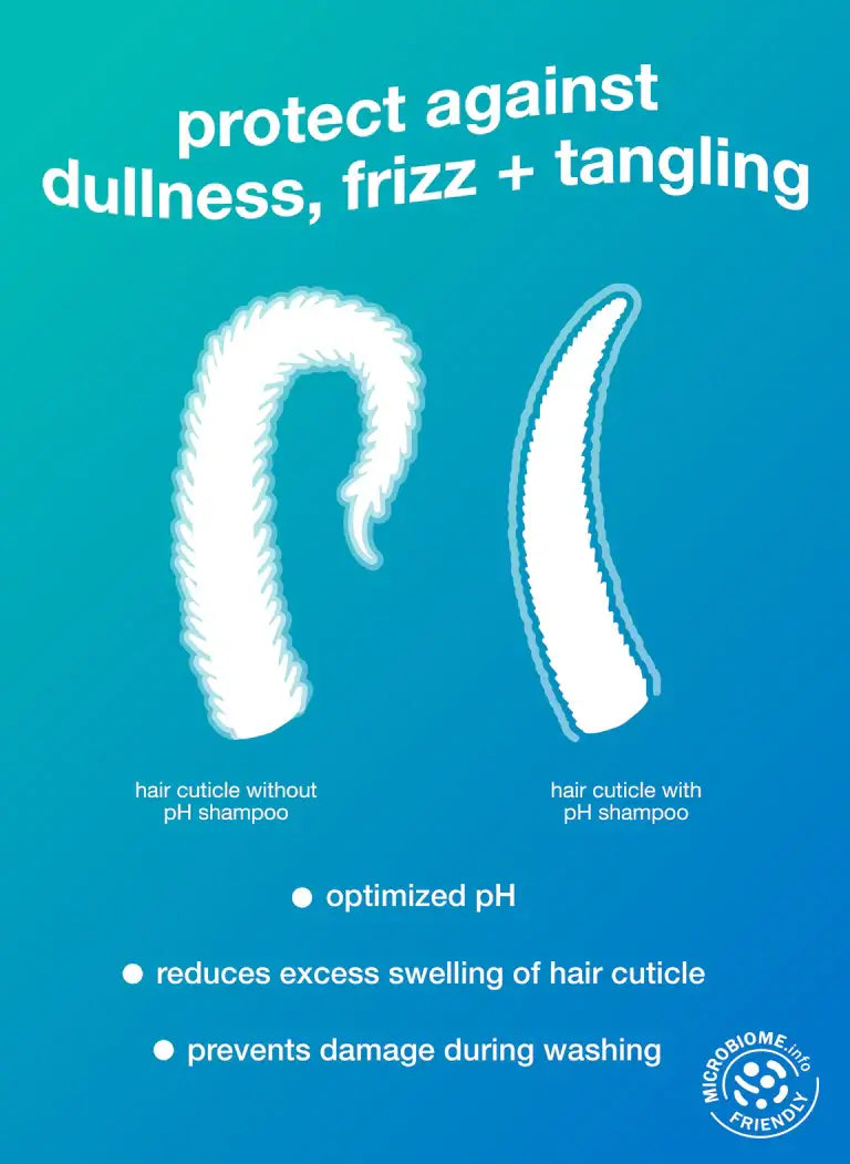 Infographic showing benefits of pH-optimized shampoo in reducing dullness, frizz, and tangling with microbiome-friendly features.