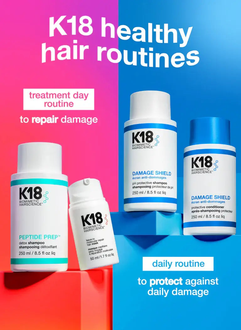 K18 DAMAGE SHIELD Shampoo and PEPTIDE PREP products for healthy hair care routine and damage repair.