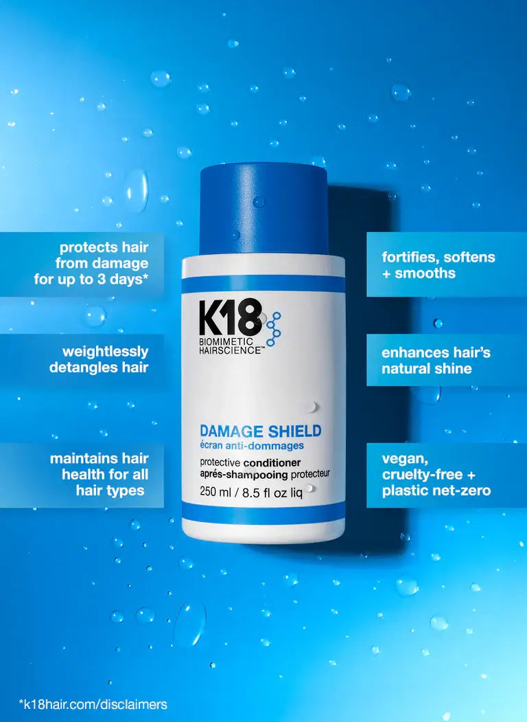 K18 Damage Shield Protective Conditioner with UV and styling damage protection, fortifying and enhancing hair's natural shine.