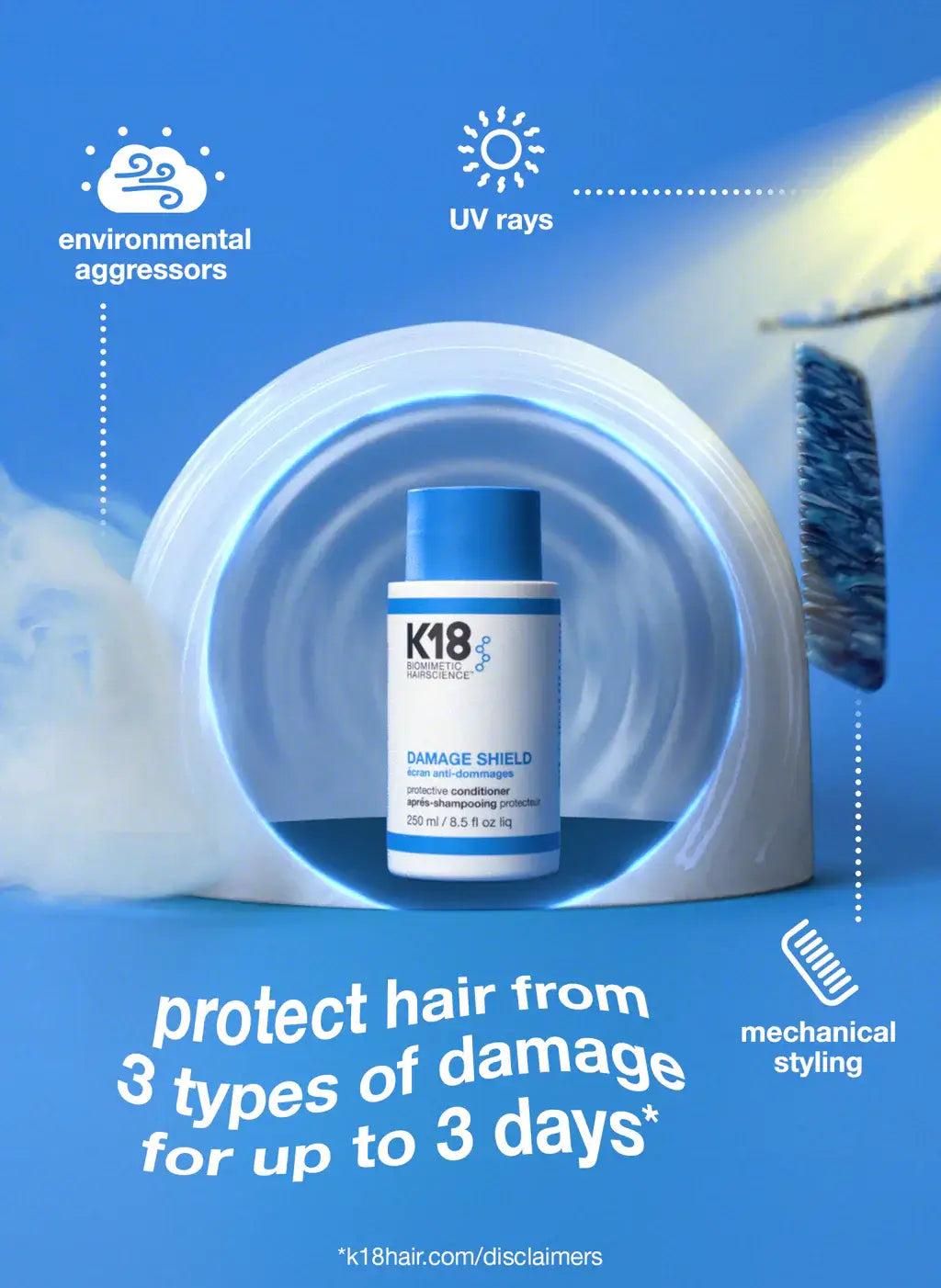 K18 Damage Shield conditioner bottle with text highlighting protection against UV, environmental, and mechanical damage for up to 3 days.