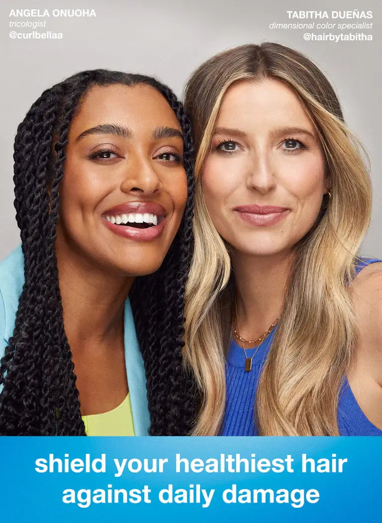 Two smiling women with healthy hair promote protective conditioner against daily damage.