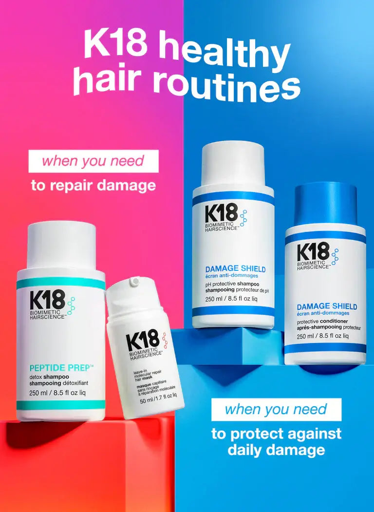 K18 DAMAGE SHIELD Protective Conditioner and Peptide Prep products for hair health, repair, and damage protection.