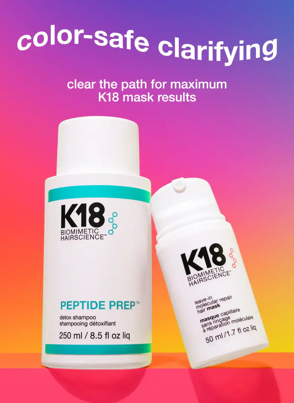 PEPTIDE PREP™ Detox Shampoo and Mask on gradient background, highlighting color-safe clarifying benefits.