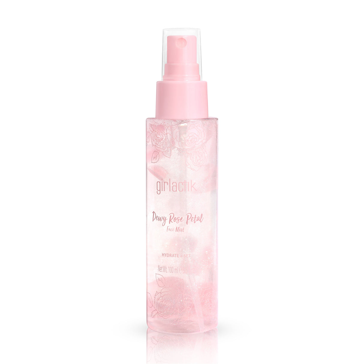 Rose Petal Dewy Face Mist bottle with pink cap, featuring Sodium Hyaluronate and Rosewater Extract for hydration and dewy finish.