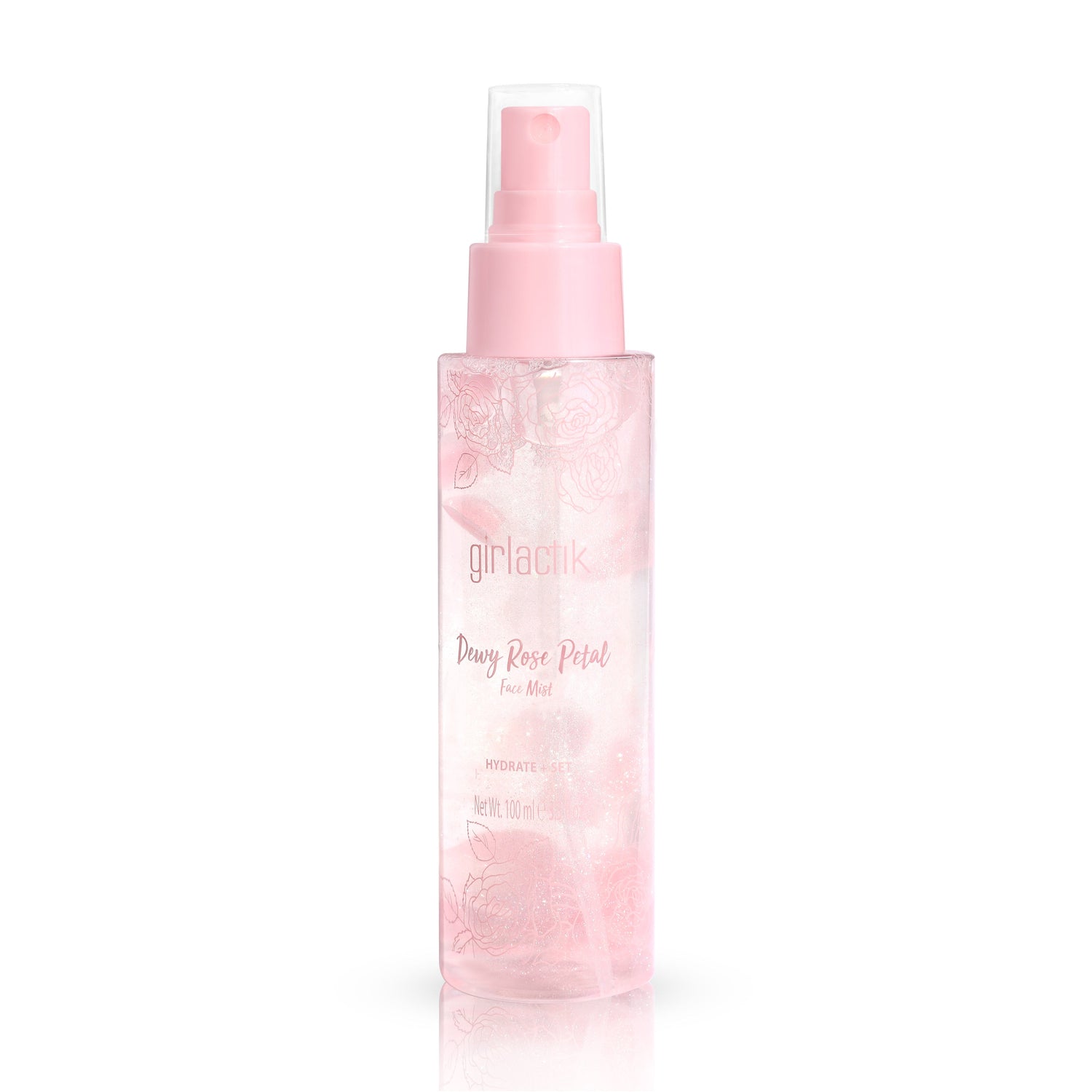 Rose Petal Dewy Face Mist bottle with pink cap, featuring Sodium Hyaluronate and Rosewater Extract for hydration and dewy finish.