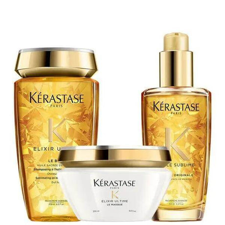 Elixir Ultime Deep Treatment Hair Care Set with Bain Shampoo, Le Masque Hair Mask, and oil for nourishment and shine.