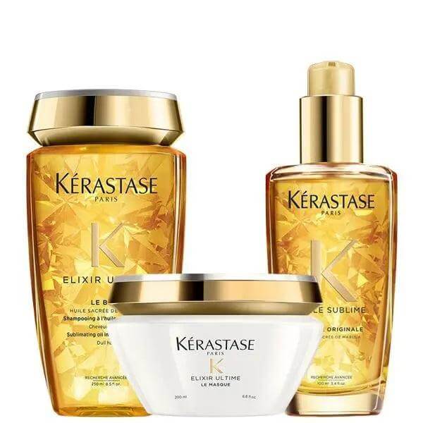 Elixir Ultime Deep Treatment Hair Care Set with Bain Shampoo, Le Masque Hair Mask, and oil for nourishment and shine.