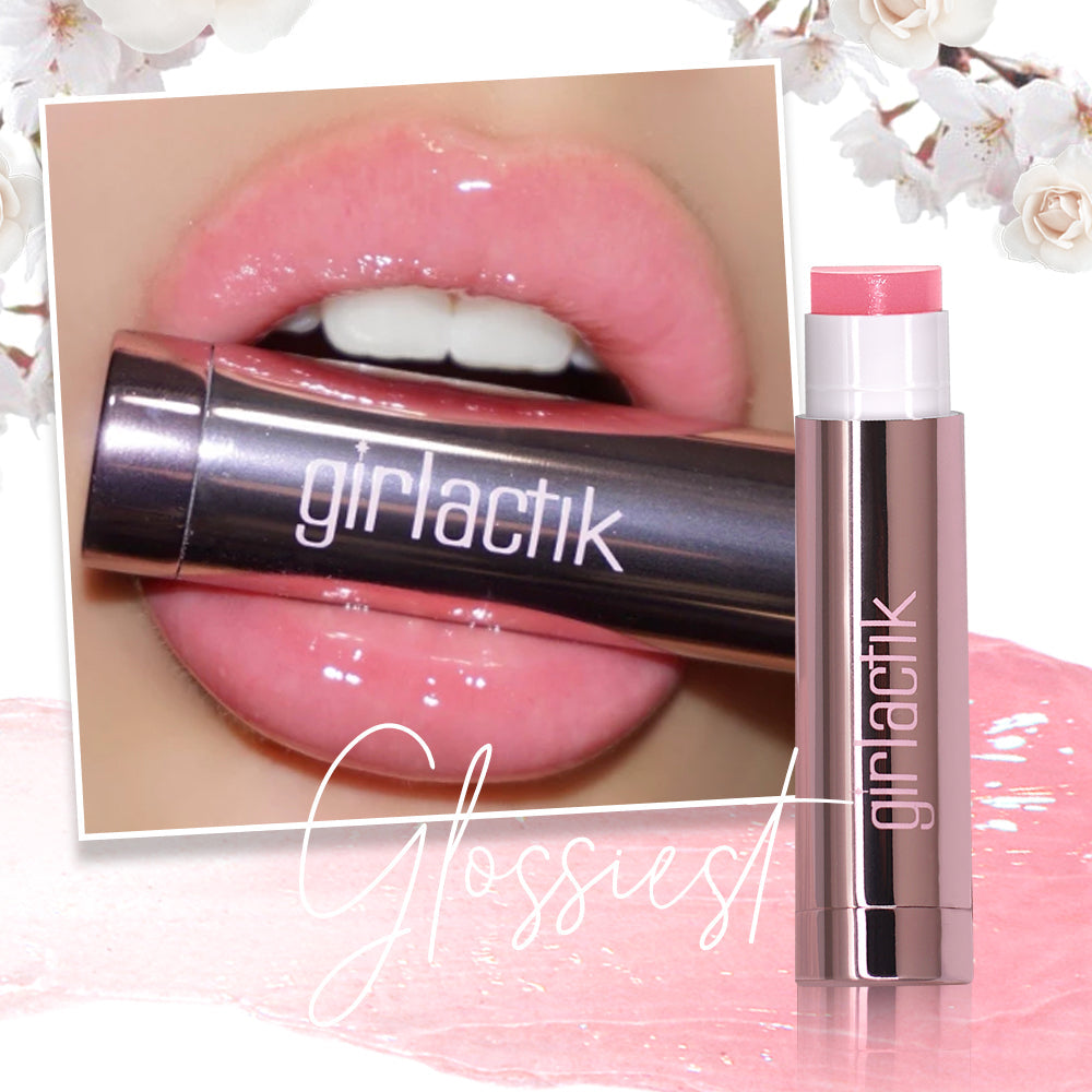 Girlactik Jello Gloss Balm showcasing glossy pink lemonade lips with nourishing Vitamin E, Avocado, Aloe Vera, and Apricot Kernel Oils.