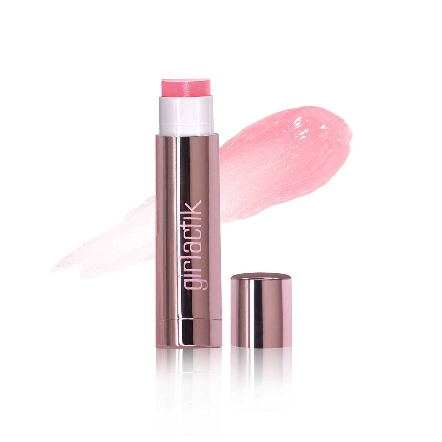 Jello Gloss Balm by Girlactik with pink lemonade shade, featuring Vitamin E, Avocado Oil, Aloe Vera, and a glossy non-sticky finish.