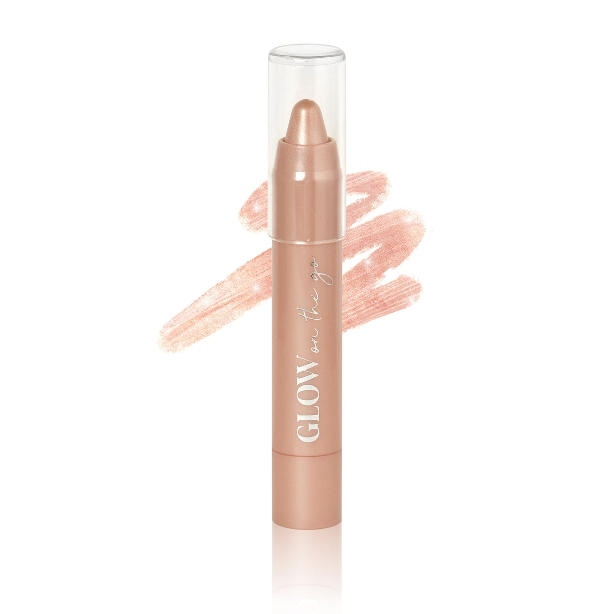Glow On-The-Go beauty wand with creamy texture for instant silky glow, highlighting cheekbones, nose, eyes, brows, and Cupid's bow.