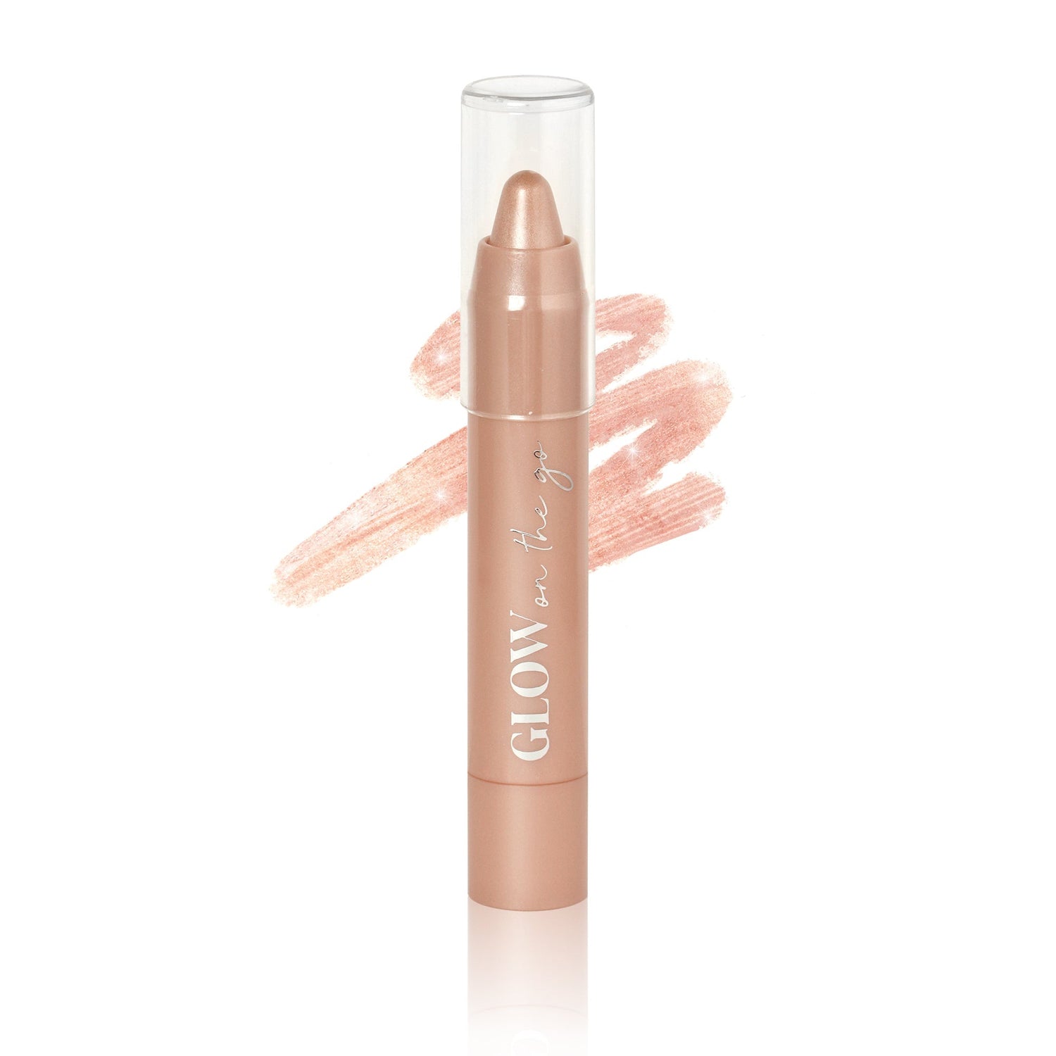 Glow On-The-Go beauty wand with creamy texture for instant silky glow, highlighting cheekbones, nose, eyes, brows, and Cupid's bow.