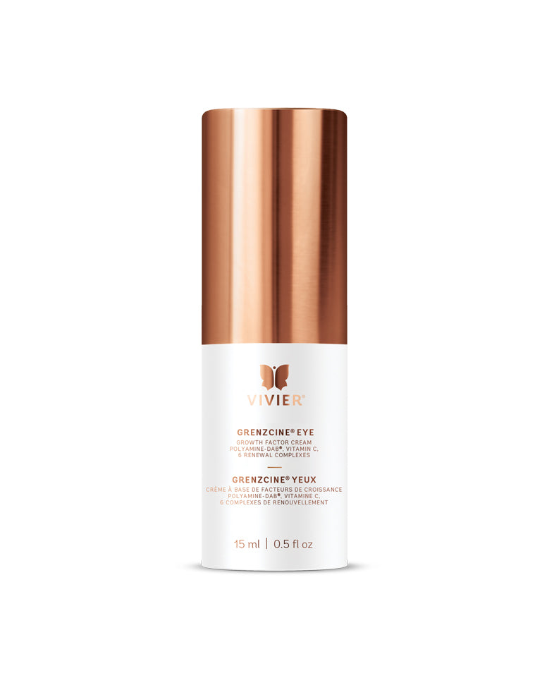Vivier GrenzCine Eye cream bottle for volume loss and sagging skin with growth factors, Vitamin C, and Renewal Complexes.