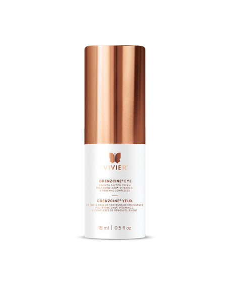 Vivier GrenzCine Eye cream bottle for volume loss and sagging skin with growth factors, Vitamin C, and Renewal Complexes.