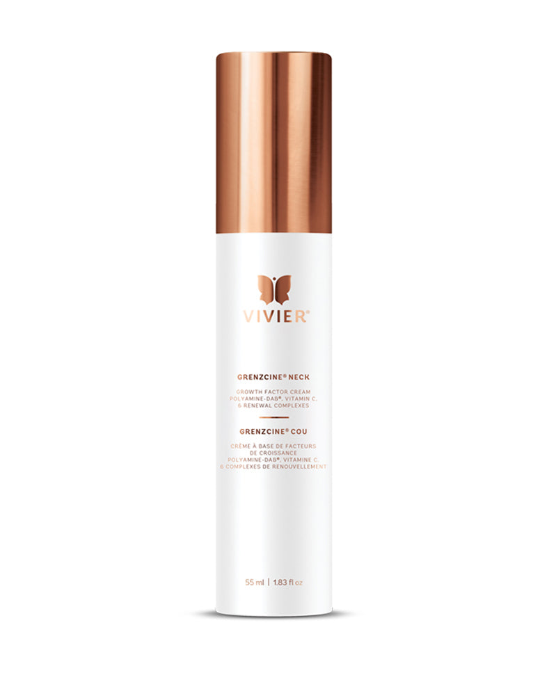 Vivier GrenzCine Neck cream bottle for firming and brightening aging neck skin with growth factors and Vitamin C.