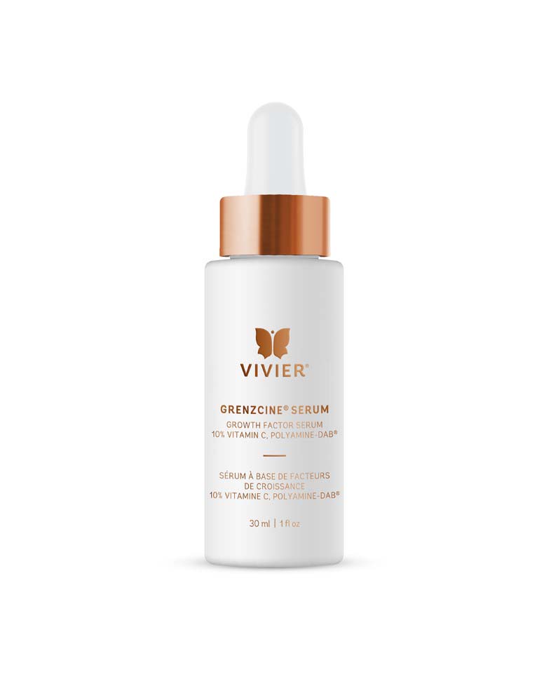 Vivier GrenzCine Serum bottle with growth factor complex for aging skin, featuring Polyamine Growth Factors and 10% Vitamin C.