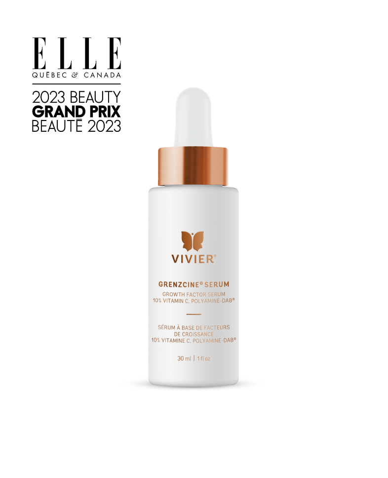 Vivier GrenzCine Serum bottle with Elle Beauty Grand Prix 2023 award badge, multi-functional growth factor formula.