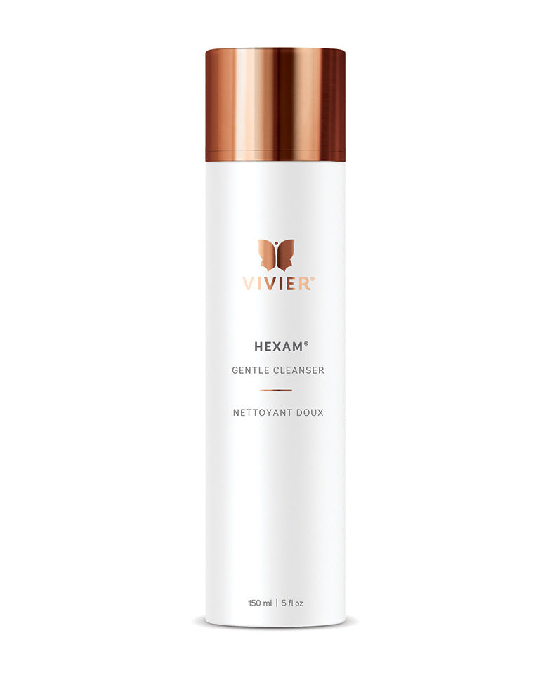 Vivier HEXAM gel cleanser, gentle antibacterial skincare for oily, sensitive, acne-prone skin; 150ml bottle with copper cap.