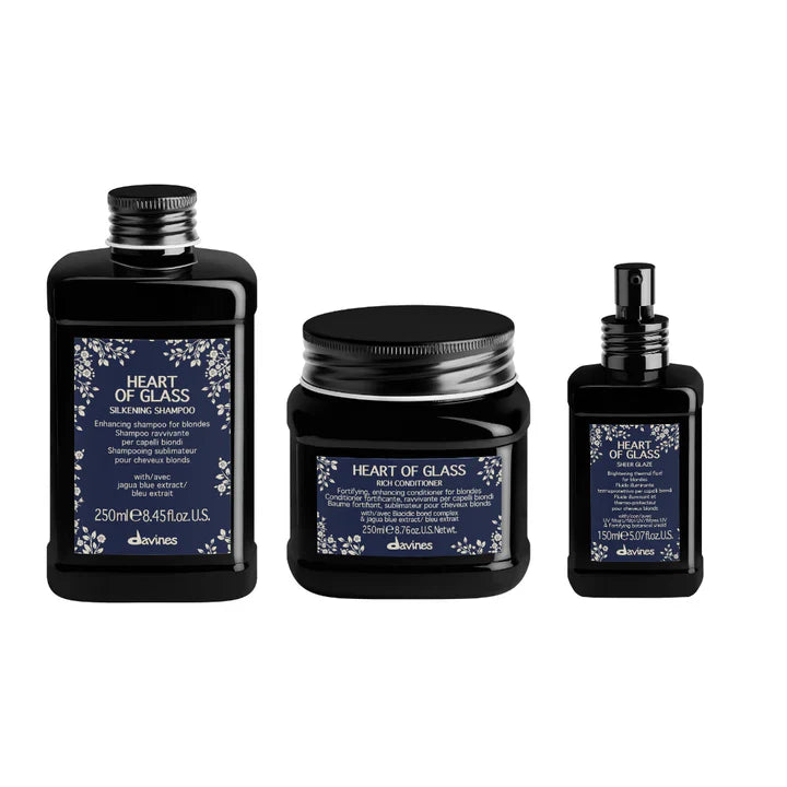 Davines Heart of Glass Gift Set with silkening shampoo, rich conditioner, and sheer glaze for enhancing and protecting blonde hair.