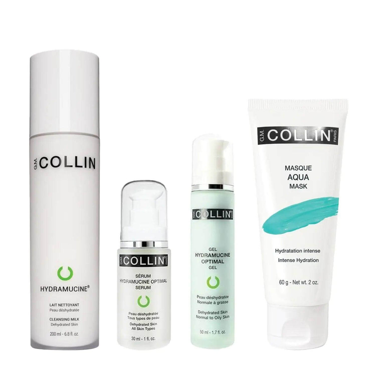 Hydrating Bundle for Dry Skin including GM Collin Hydramucine Cleanser, Serum, Moisturizer, and Aqua Mask for intense hydration.