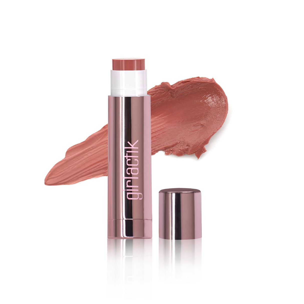 Girlactik Jello Gloss Balm with a swatch of rosy shade, featuring nourishing ingredients for moisturized and glossy lips.