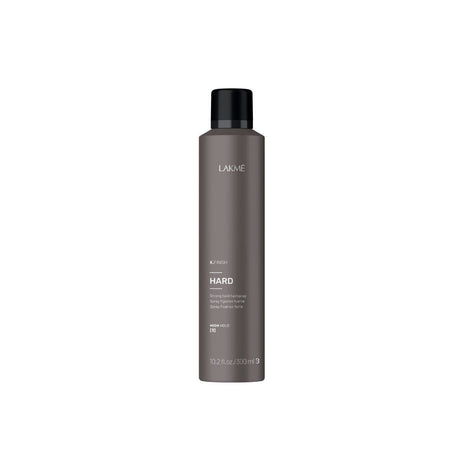 K.Finish Hard Strong Hold Hairspray bottle with fast-drying formula, natural shine, UV protection, and woody green scent.
