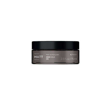 K.Finish Matt Working Wax High Hold 75ml jar for all hair types, features matte finish, strong hold, UV defense, fresh amber scent