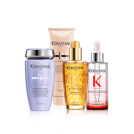 Kérastase hair care products assortment including shampoo, conditioner, oil, and treatment serum on a white background.
