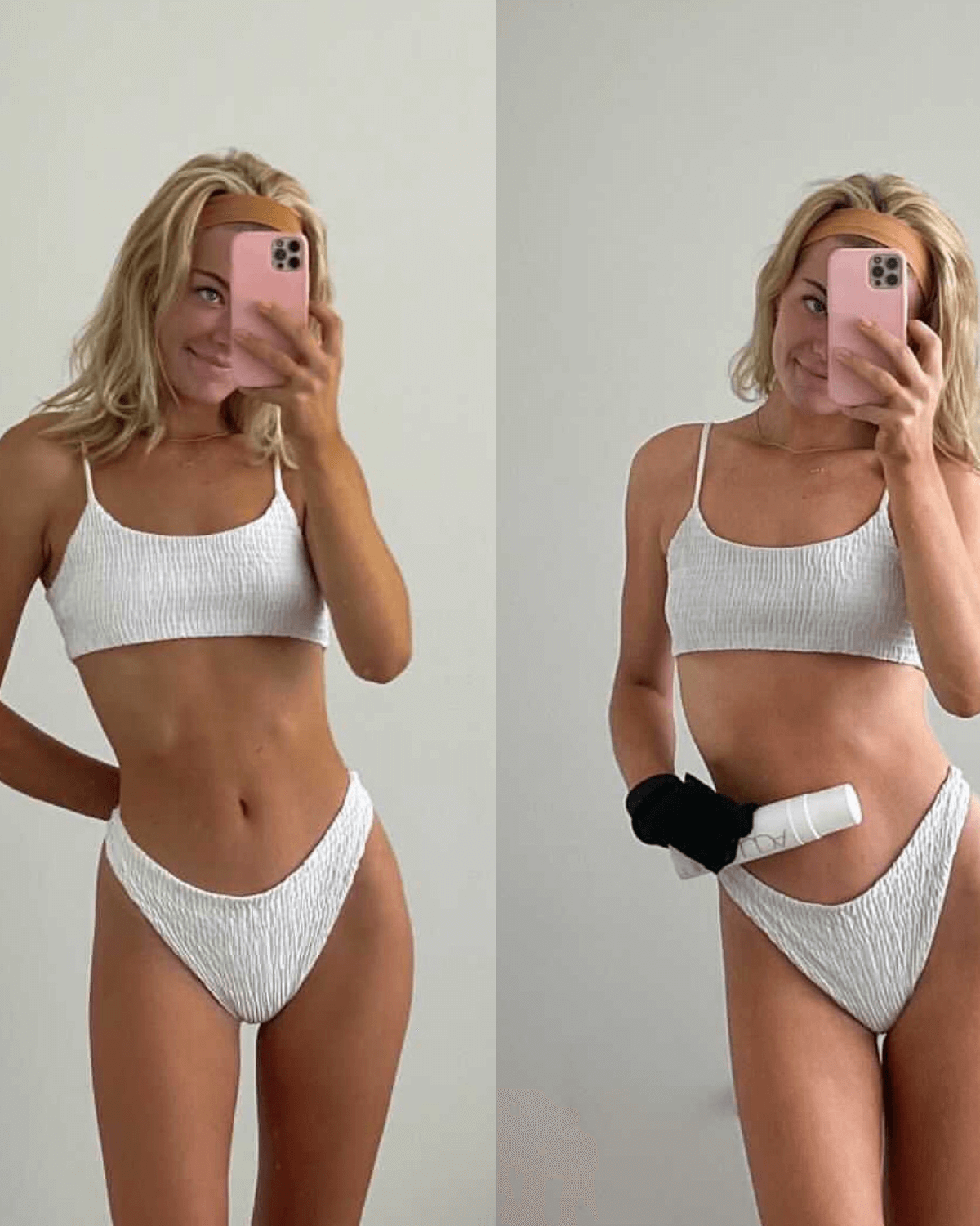 Woman using Sunless Tan Remover exfoliating mousse, comparison of before and after results on skin, wearing white bikini.