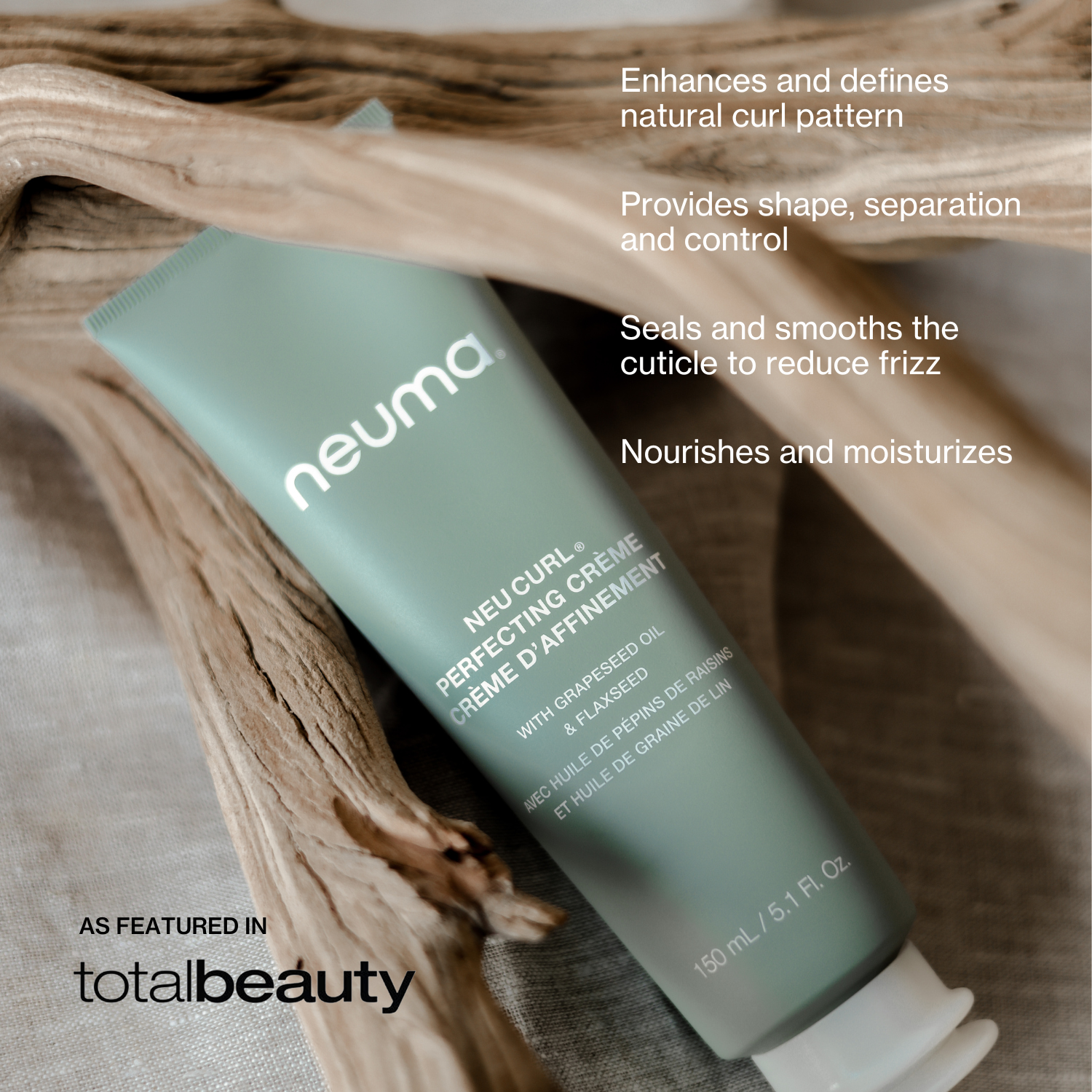Neu Curl Perfecting Crème for defined curls, reduces frizz, provides shape and shine, enriched with grape seed oil, featured in TotalBeauty.