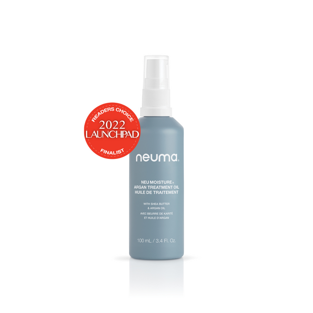 Neu Moisture Argan Oil bottle with award badge, nourishing hair treatment, reduces frizz, enhances shine, ultra-lightweight formula.