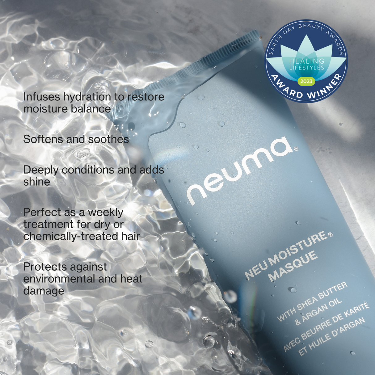 Neu Moisture Masque packaging in water, promoting hydration balance, nourishment, and heat protection, with award-winning badge.