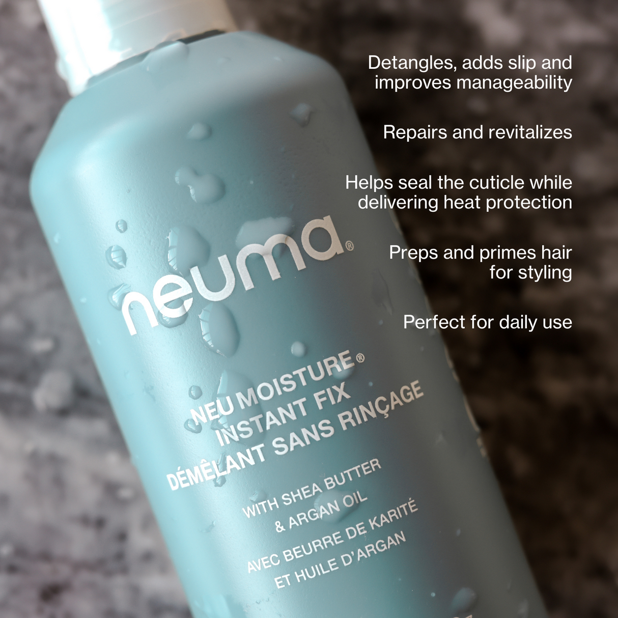 Neu Moisture Instant Fix leave-in spray bottle for hair detangling, nourishment, heat protection, with notes of lavender and vanilla.