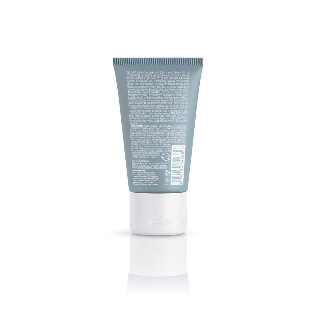 Back view of Neu Moisture Masque tube with product details and ingredients list. Hydrating treatment for softer, smoother hair.