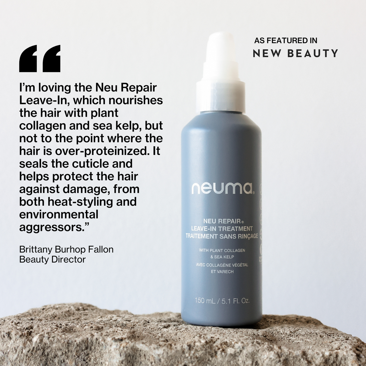 Neu Repair Leave-in Treatment bottle on textured surface, featuring quote on nourishing hair care benefits with plant collagen and sea kelp.