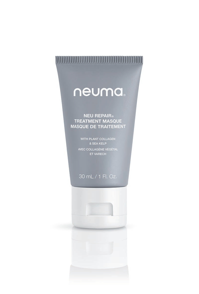 Neu Repair Treatment Masque for hair repair, nourishment, and revitalization, 30ml tube, infused with plant collagen and sea kelp.