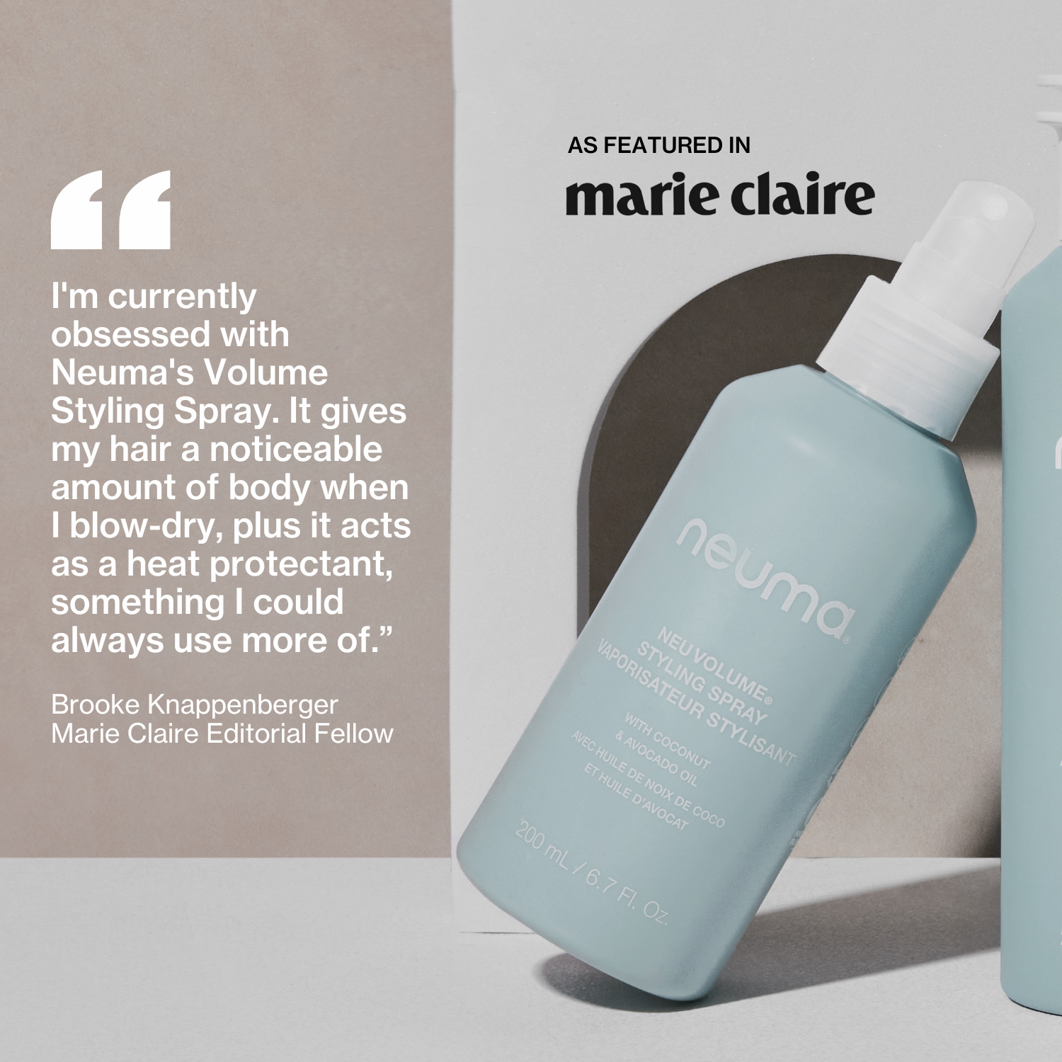 Neu Volume Styling Spray featured in Marie Claire, enhances body and shine, with aroma of fennel, ylang ylang, patchouli, vanilla.