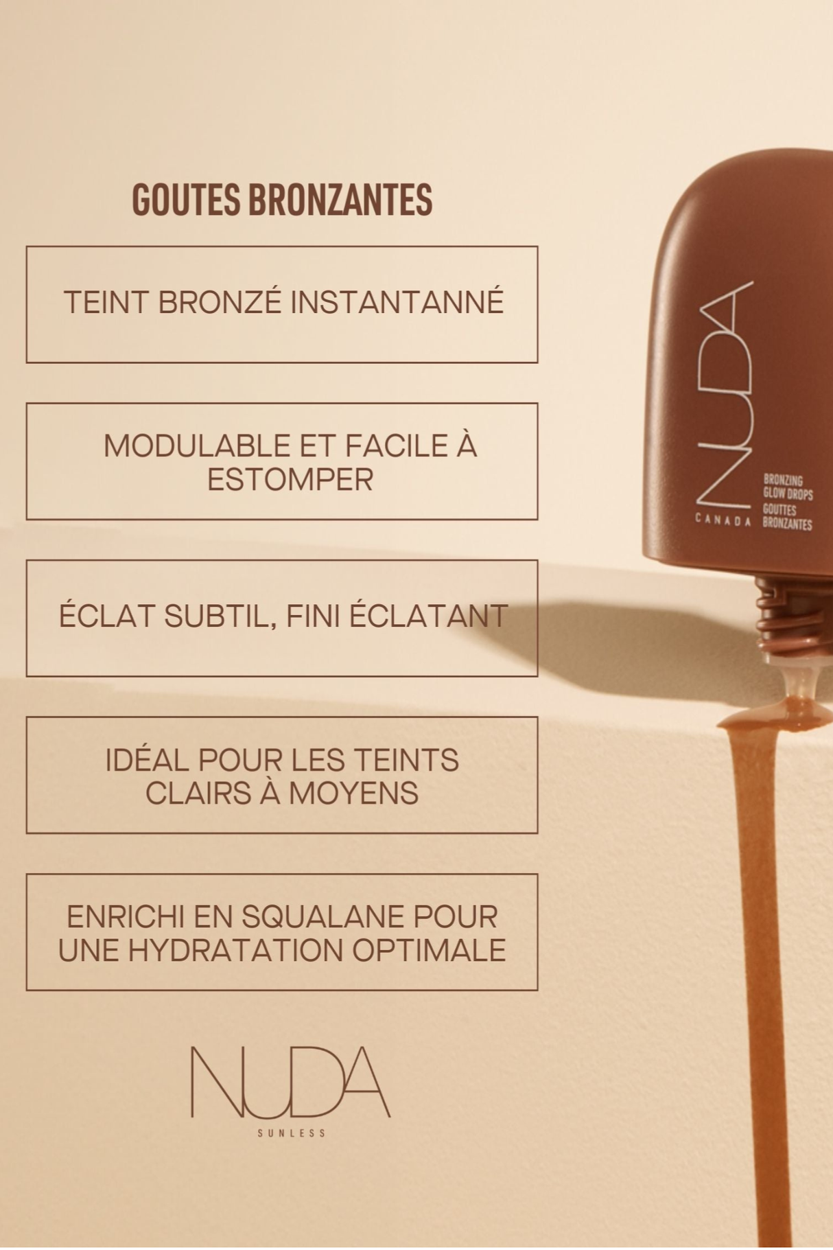 Nuda Bronzing Glow Drops packaging with benefits in French, highlighting instant bronzing, blendability, and hydration.
