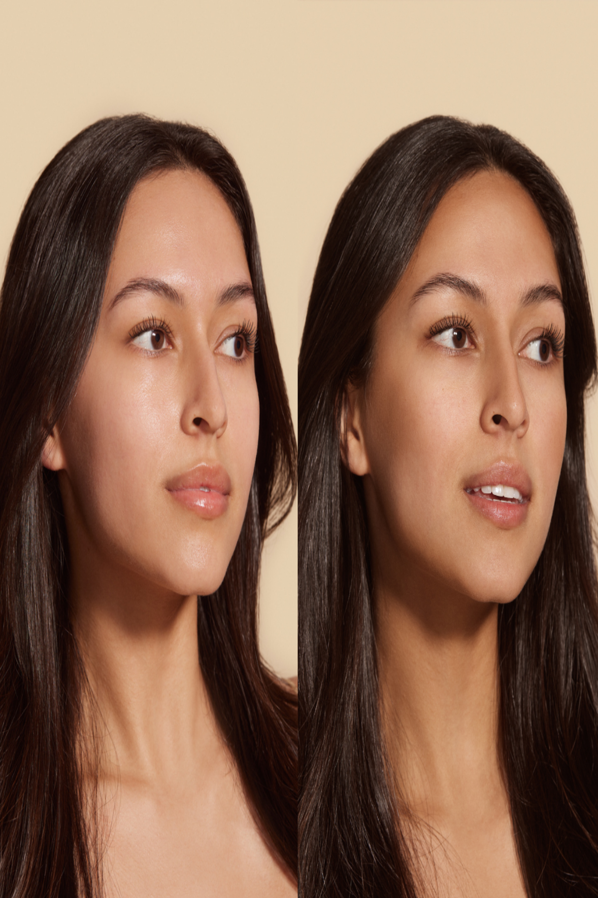 Before and after image showcasing the effect of Bronzing Glow Drops on skin, highlighting radiant sun-kissed glow.