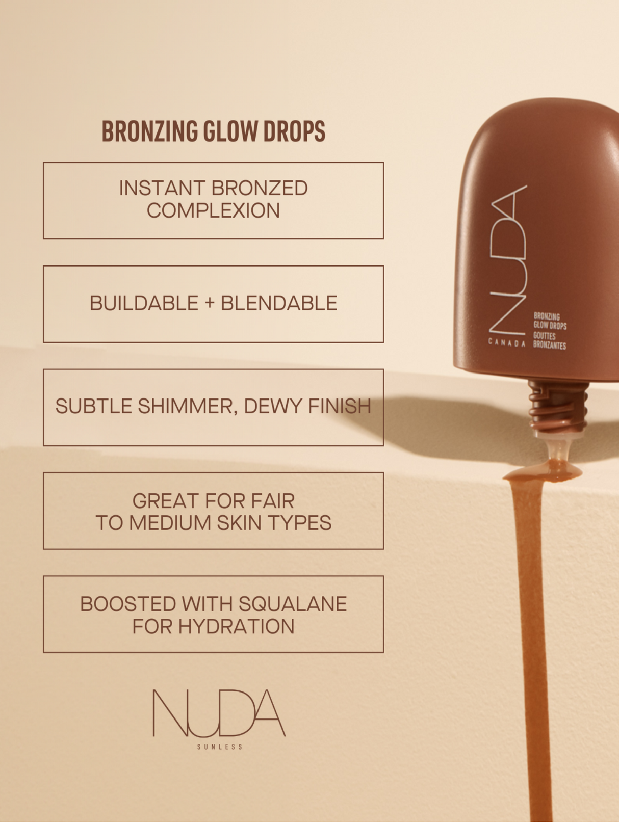 Nuda Bronzing Glow Drops with highlights: instant bronzed complexion, buildable, blendable, subtle shimmer, squalane hydration.