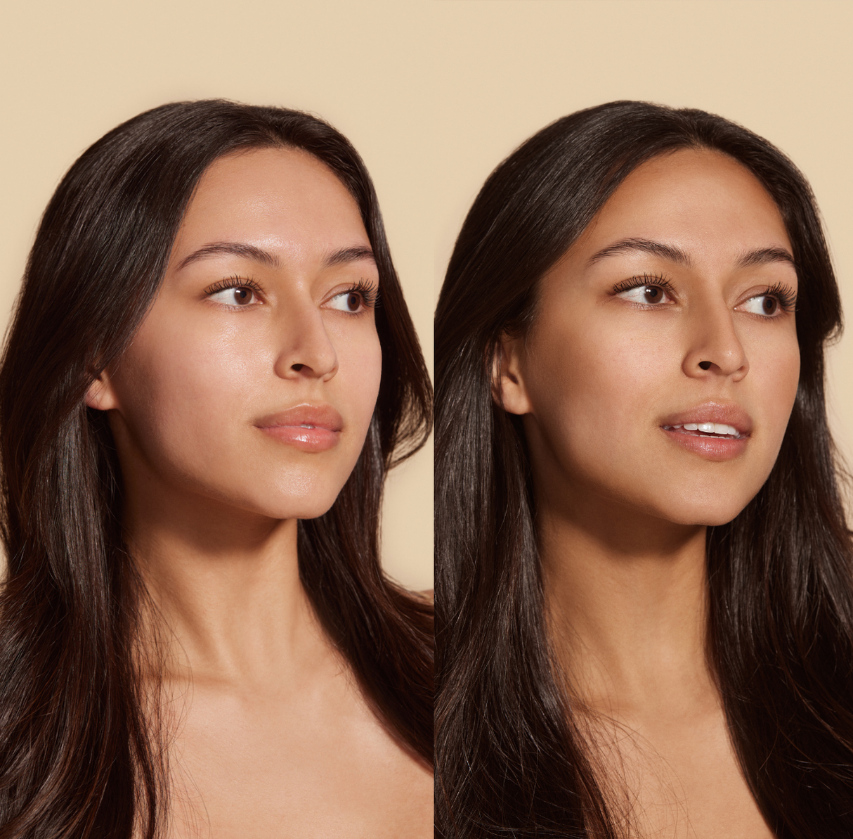 Before and after using Nuda's Bronzing Glow Drops, showing enhanced sun-kissed glow on the skin.