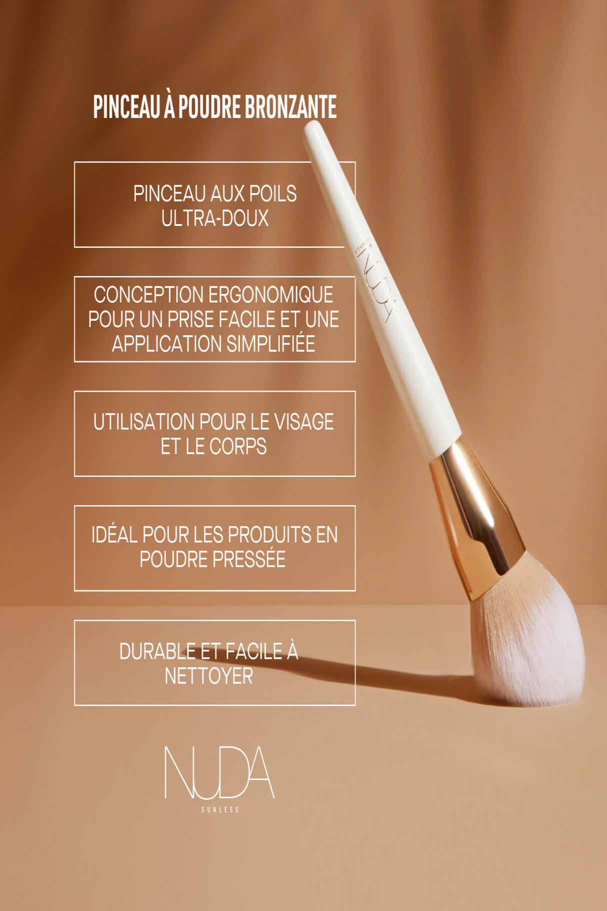 Bronzing powder brush with soft bristles and ergonomic design, ideal for pressed powder, shown on a neutral background.