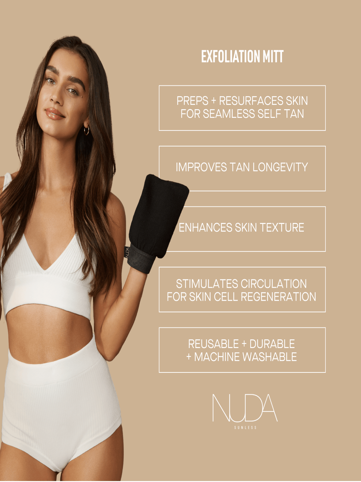 Woman holding exfoliating mitt for smooth skin and long-lasting tan, highlighting benefits: skin texture enhancement and machine washability.