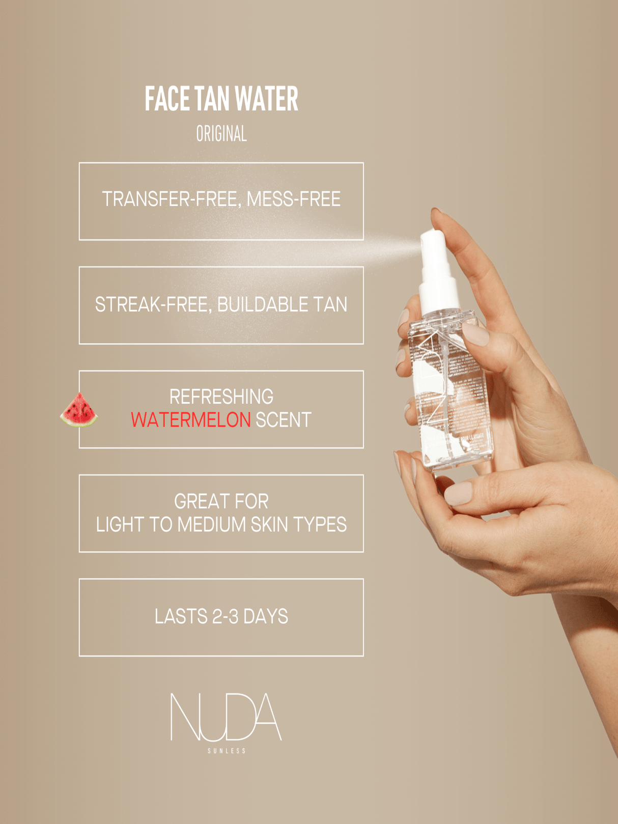 Hand spraying Face Tan Water bottle with text highlighting features like transfer-free, mess-free, refreshing watermelon scent.