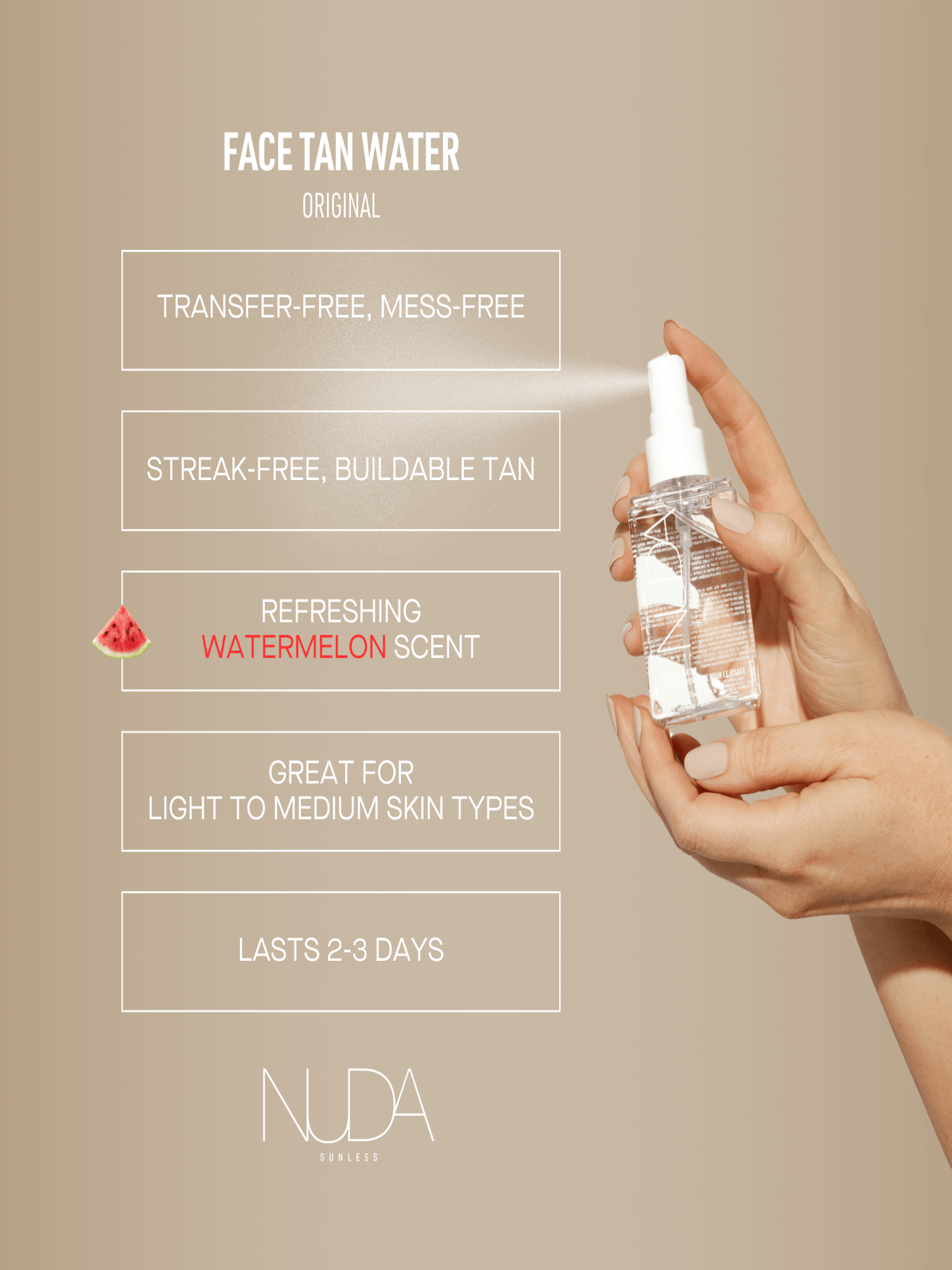 Hand spraying Face Tan Water bottle with text highlighting features like transfer-free, mess-free, refreshing watermelon scent.