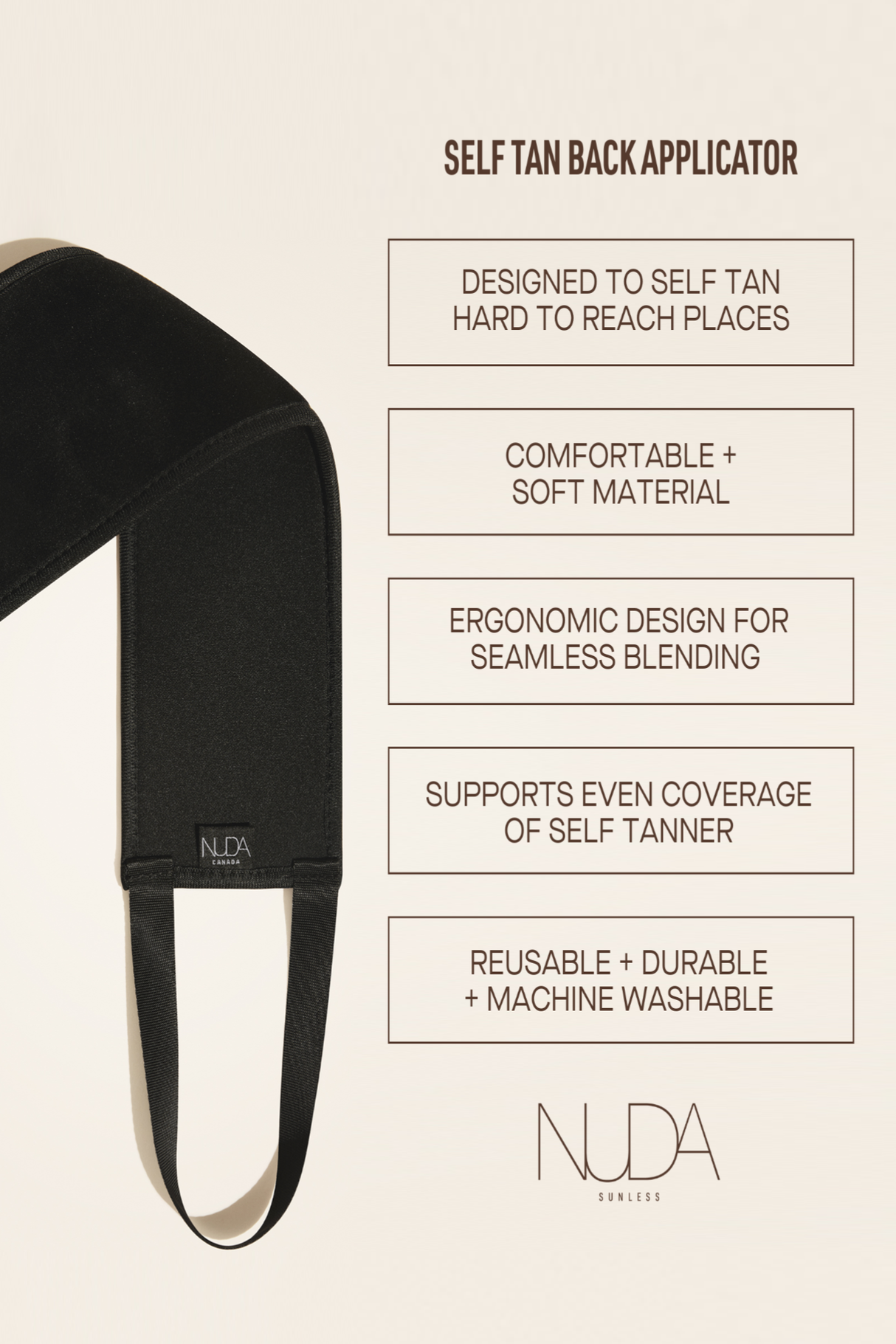 Luxurious Self Tan Back Applicator for even coverage with ergonomic design and comfortable material by NUDA Sunless.